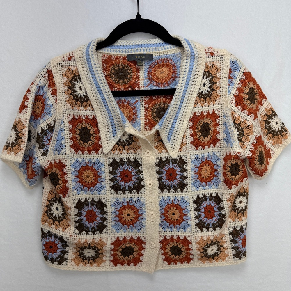 MIROH Crochet Granny Square Crop Top S Multicolor Boho Retro 70s Short Sleeve